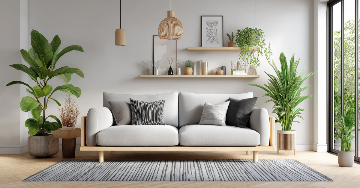 Lys og ryddig stue med sofa, planter og lamper